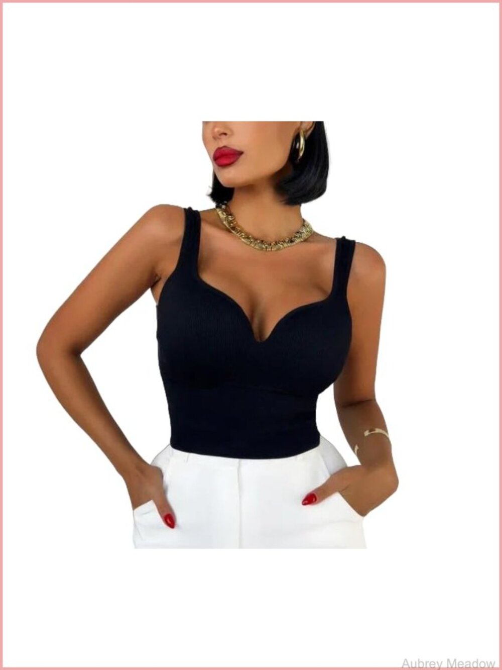 Push Up Crop Top Padded Sleeveless Bustier Tank Wide Straps V Neck Under Blazer